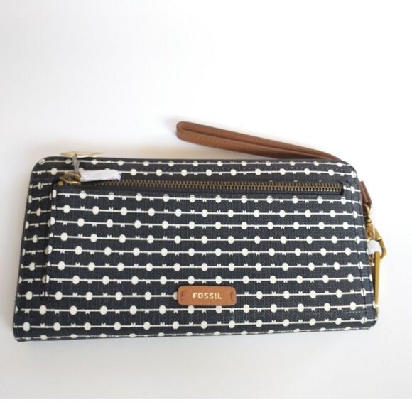 New! FOSSIL Logan RFID Wallet Zip Around Clutch Wristlet Strap Black Stripe - Picture 7 of 12